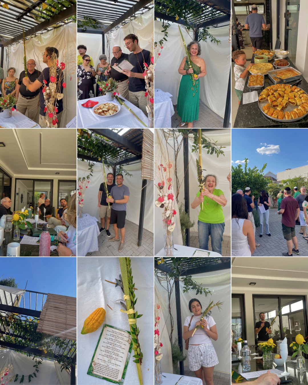Colagem com fotos da celebração de Sucot 5787 na Beit Tikvá: membros segurando lulav e etrog na sucá, mesa de comidas e encontros da comunidade